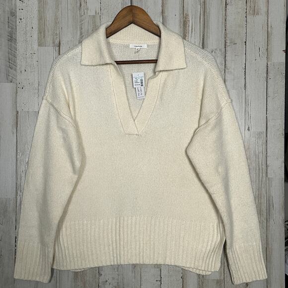 NWT Maurices Cozy Sweater Medium Cream Ivory V Neck Collared Relaxed Boxy Crop - Picture 1 of 9